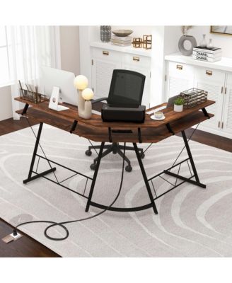 L-shaped Computer Desk with Power Outlet 51" Corner Computer Workstation Rustic