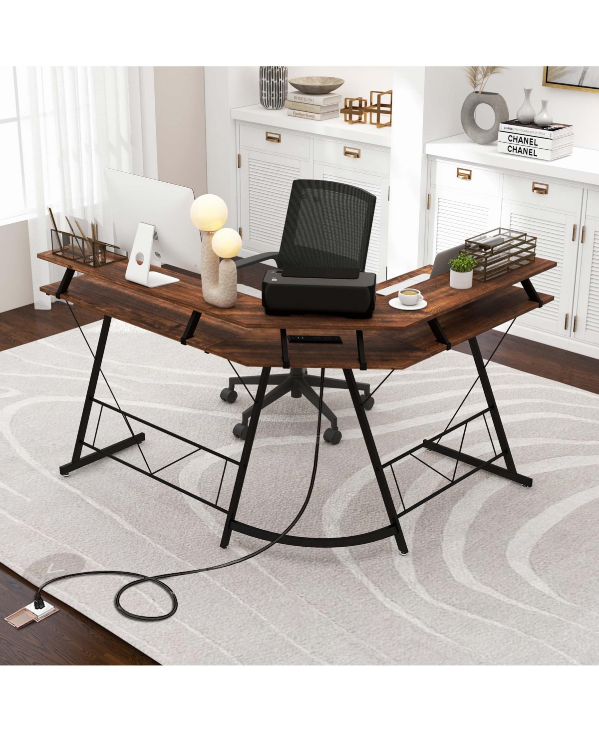 Costway L-shaped Computer Desk with Power Outlet Corner Computer Workstation Rustic