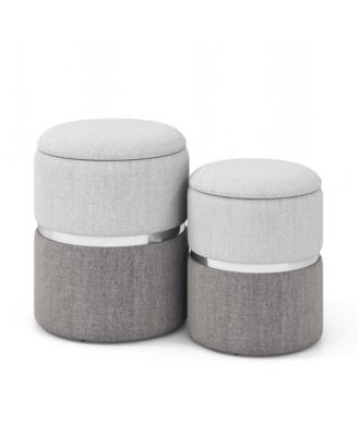Linen Fabric Storage Ottoman Set of 2 Modern Round Ottoman with Storage for Bedroom