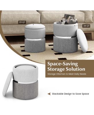Linen Fabric Storage Ottoman Set of 2 Modern Round Ottoman with Storage for Bedroom