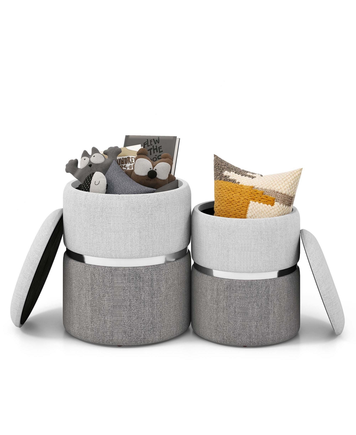 Linen Fabric Storage Ottoman Set of 2 Modern Round Ottoman with Storage for Bedroom - Grey