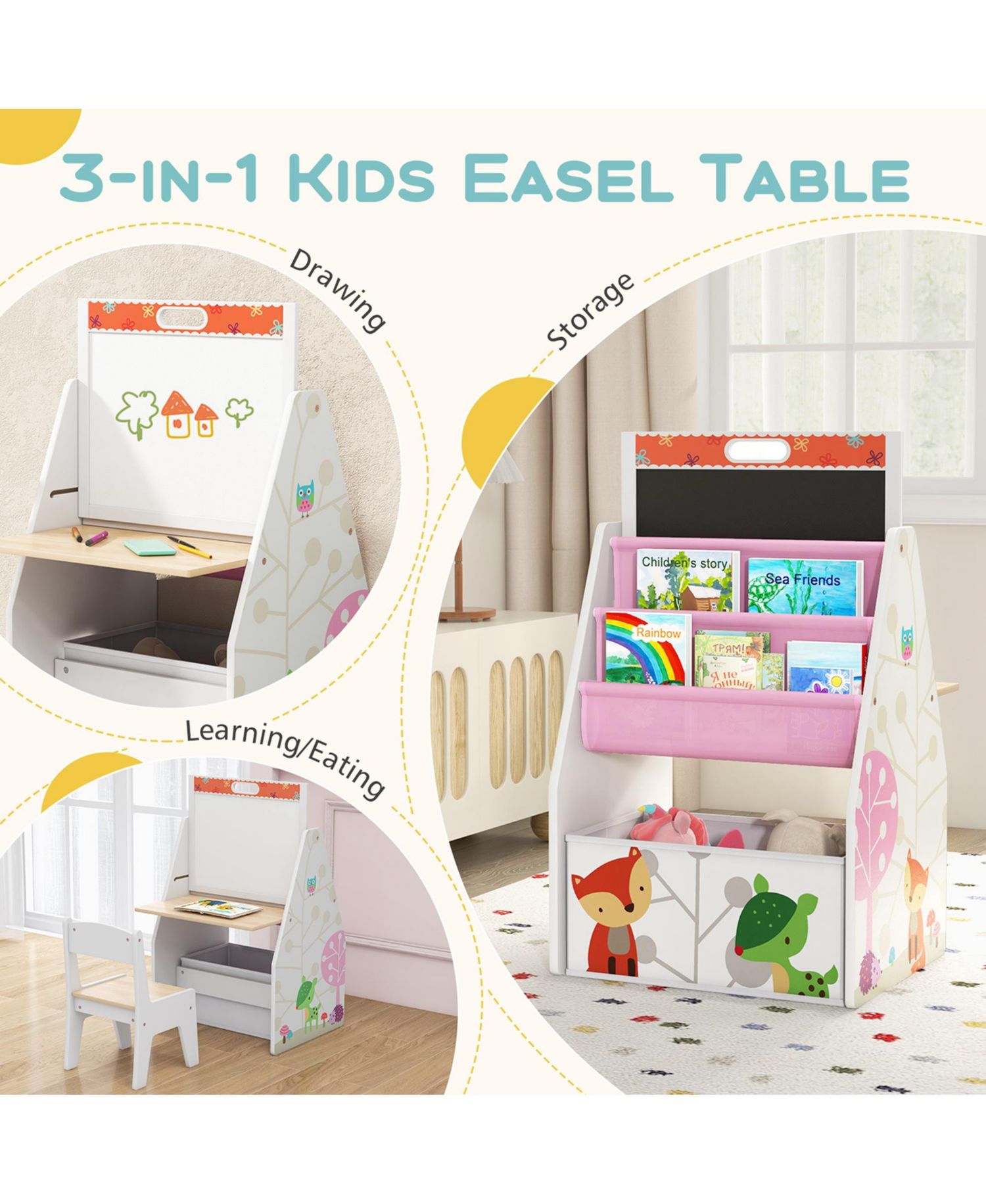 Kids Table & Chair Set with Rotatable Double-sided Magnetic Blackboard & Whiteboard