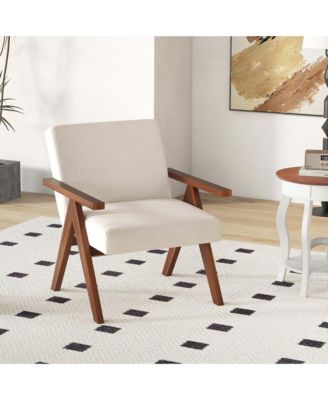 1 PCS Modern Accent Chair Linen Fabric Armchair with Solid Acacia Wood Frame