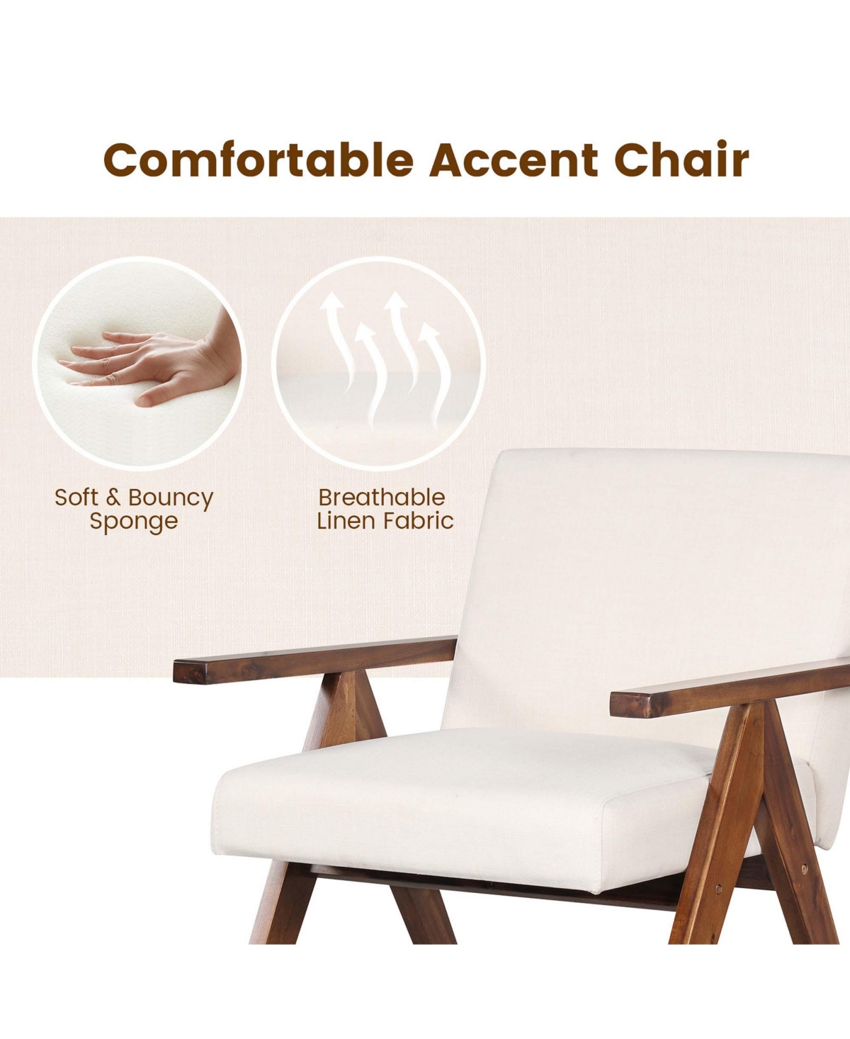Costway 2 Pcs Modern Accent Chair Linen Fabric Armchair with Solid Acacia Wood Frame -khaki