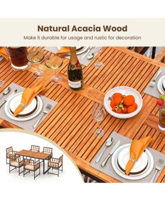 7 PCS Patio Dining Set Outdoor Acacia Wood Table with Soft Cushions Umbrella Hole
