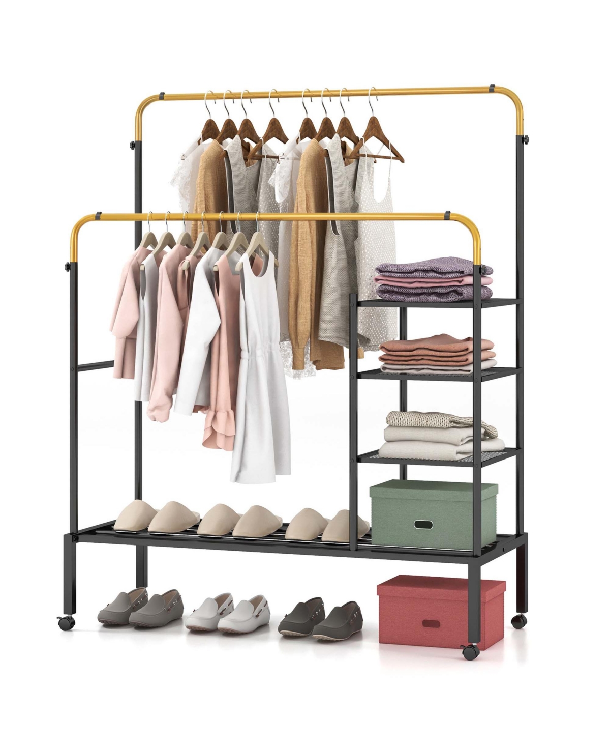 Rolling Clothes Drying Rack Double Rods Garment Rack with Height Adjustables - Silver