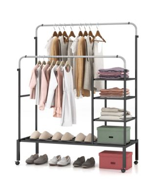 Rolling Clothes Drying Rack Double Rods Garment Rack with Height Adjustables