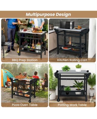 Movable Outdoor Dining Cart Table with Stainless Steel Tabletop, Seasoning Tray
