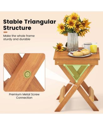 14" Compact Folding Side Table with Slatted Tabletop Stable Triangular Structure