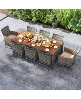 9 Pieces Outdoor Wicker Dining Set with Acacia Wood Table and 8 Armchairs