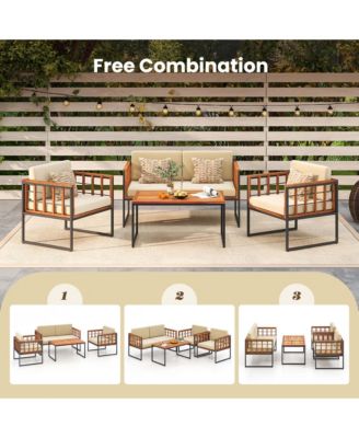4 PCS Acacia Wood Outdoor Sofa Set with Heavy Duty Metal Frame Soft Seat