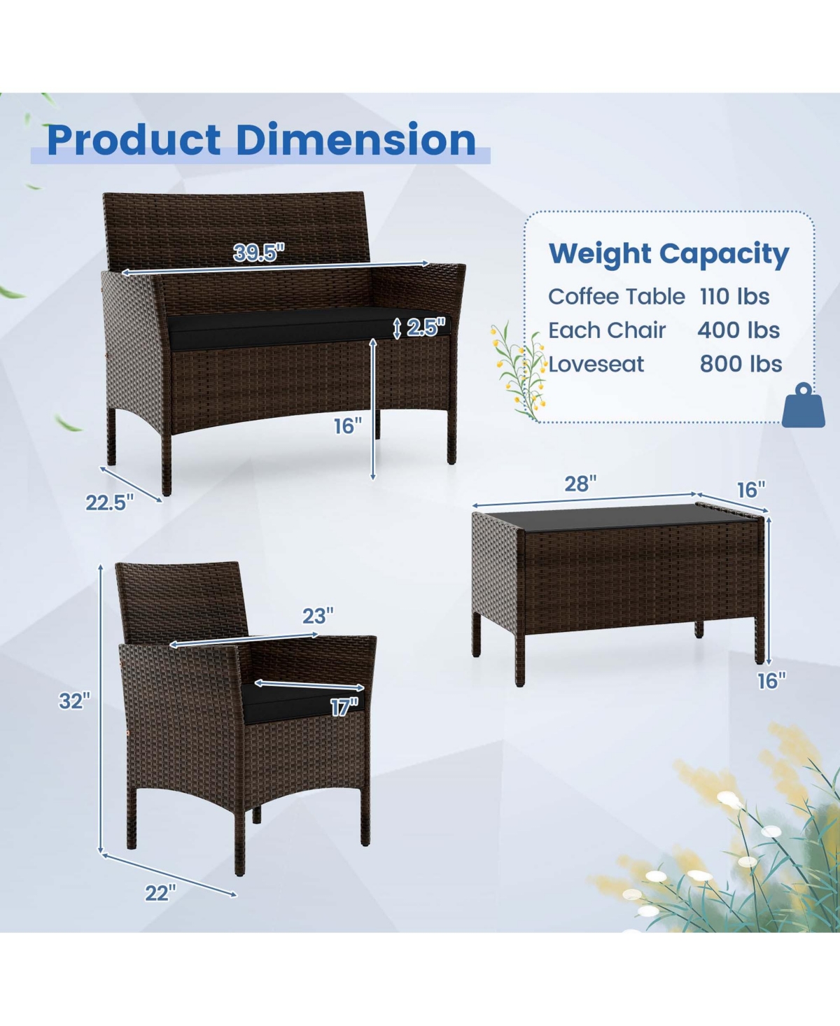 Costway 4 Pcs Patio Furniture Set with Washable Cushions and Tempered Glass Coffee Table