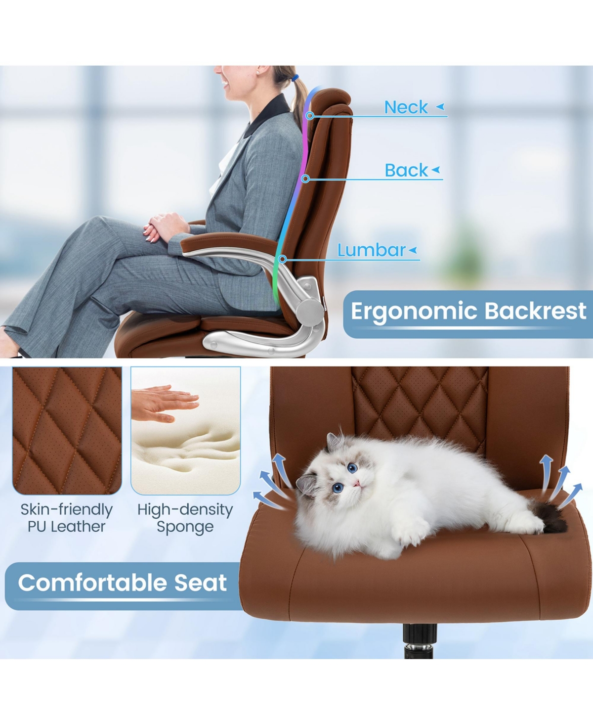 Costway Pu Leather Office Chair Height Adjustable Executive Chair with Adjustable Headrest