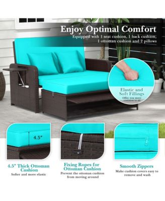 Patio Rattan Loveseat Set Daybed Lounge Storage Ottoman Side Tables Adjust