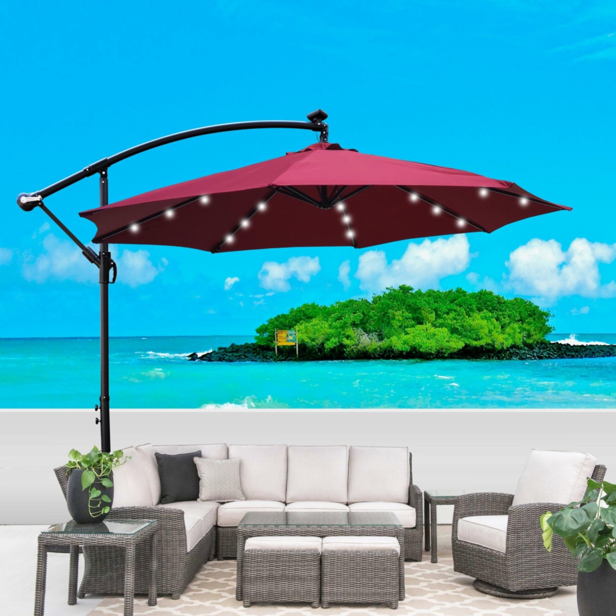 10ft Led Solar Patio Umbrella with Crank and Cross Base - Burgundy