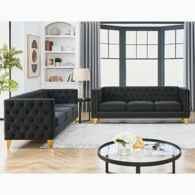 Modern Velvet Sofa Set with Button Tufted Design
