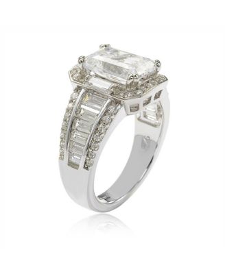 Suzy Levian Sterling Silver Cubic Zirconia Emerald-Cut Center Stone Ring