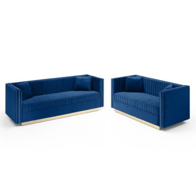 Modern Blue Velvet Sofa Loveseat Set With Pillows