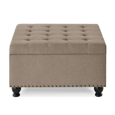 Linen Upholstered Storage Ottoman/coffee table with Wooden Legs