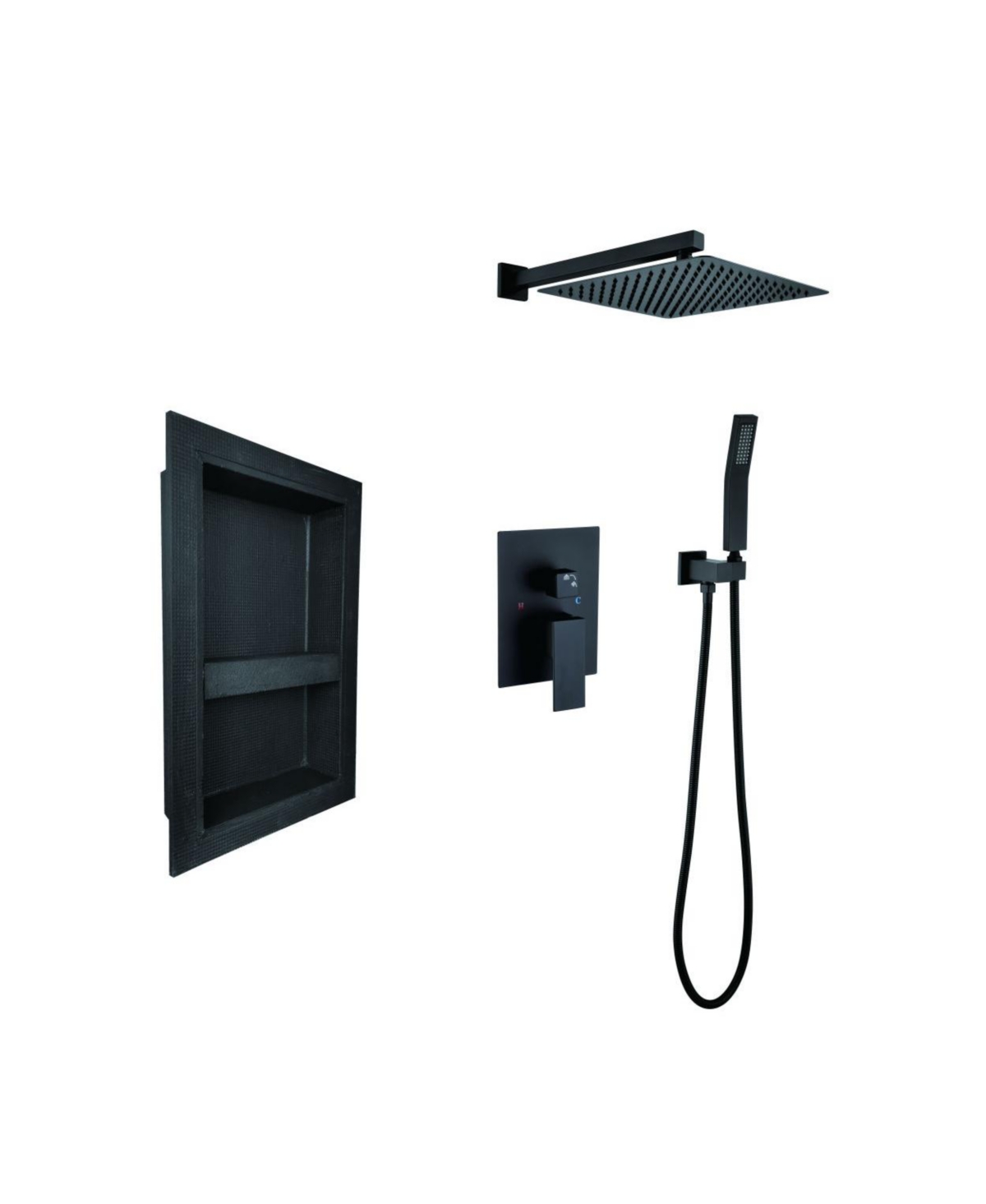 Shower System With Shower Head, Hand Shower, Hose, Valve Trim, Lever Handles And Niche - Matte black