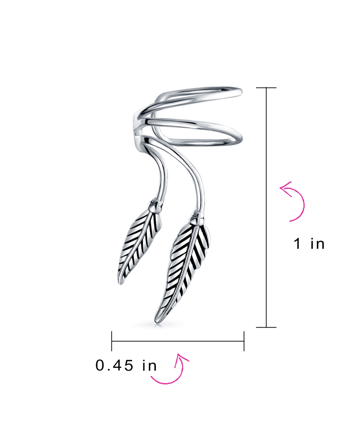 Bling Jewelry Double Leaf Feather Cartilage Ear Cuffs Clip Wrap Wire Earrings Helix For Women Non Pierced Ear Oxidized Sterling Silver