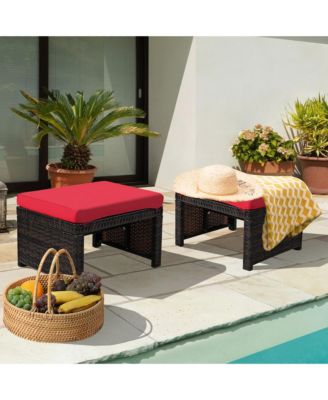 Set of 2 Rattan Ottoman Footrest Footstool Patio Furniture w/ White Cushion