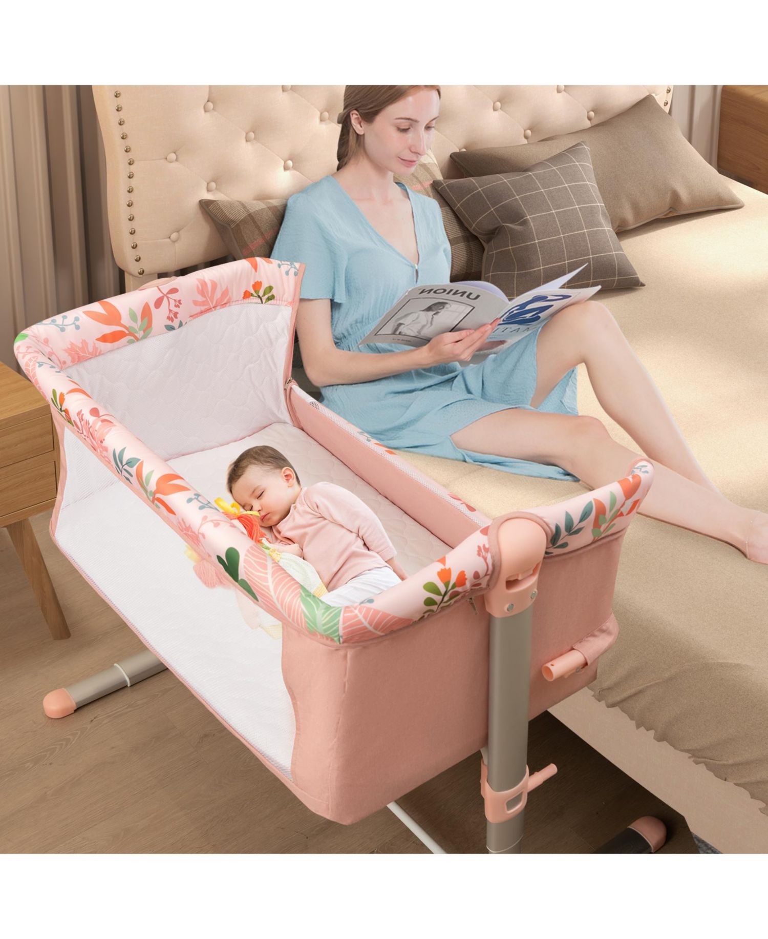 Folding Baby Bassinet Bedside Sleeper with 4 Adjustable Heights-Pink