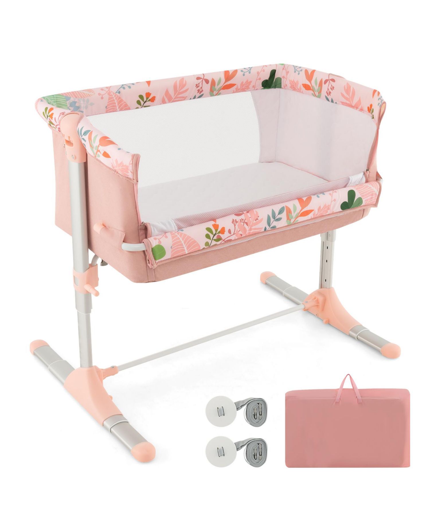 Folding Baby Bassinet Bedside Sleeper with 4 Adjustable Heights-Pink