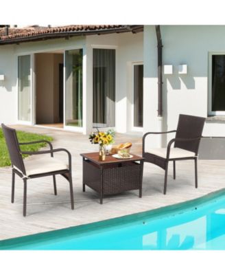 3 Pieces Patio Rattan Furniture Bistro Set with Wood Side Table and Stackable Chair