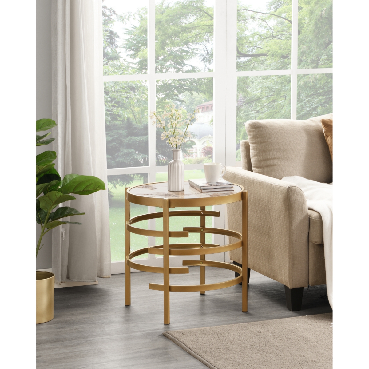 Simplie Fun Modern Side Table, Pandora Stone End Table, Golden Coffee Table 20.67"W X 20.67"D X 21.65'H