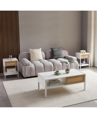 Modern white rattan coffee table with storage and metal legs