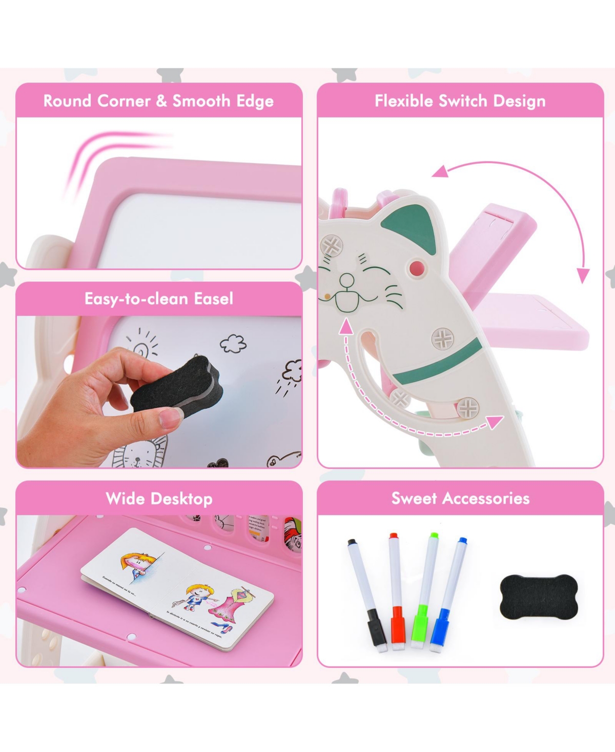 Slickblue 3-In-1 Double Sided Magnetic Dry-Erase Board with Stool and Flipped Writing Desktop