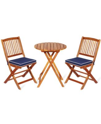 3PCS Folding Patio Conversation Set Acacia Wood Bistro Set w/ Cushions
