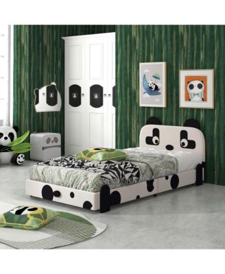 Twin Size Kids Bed Toddler Upholstered Low Profile Bed Frame with Panda Headboard