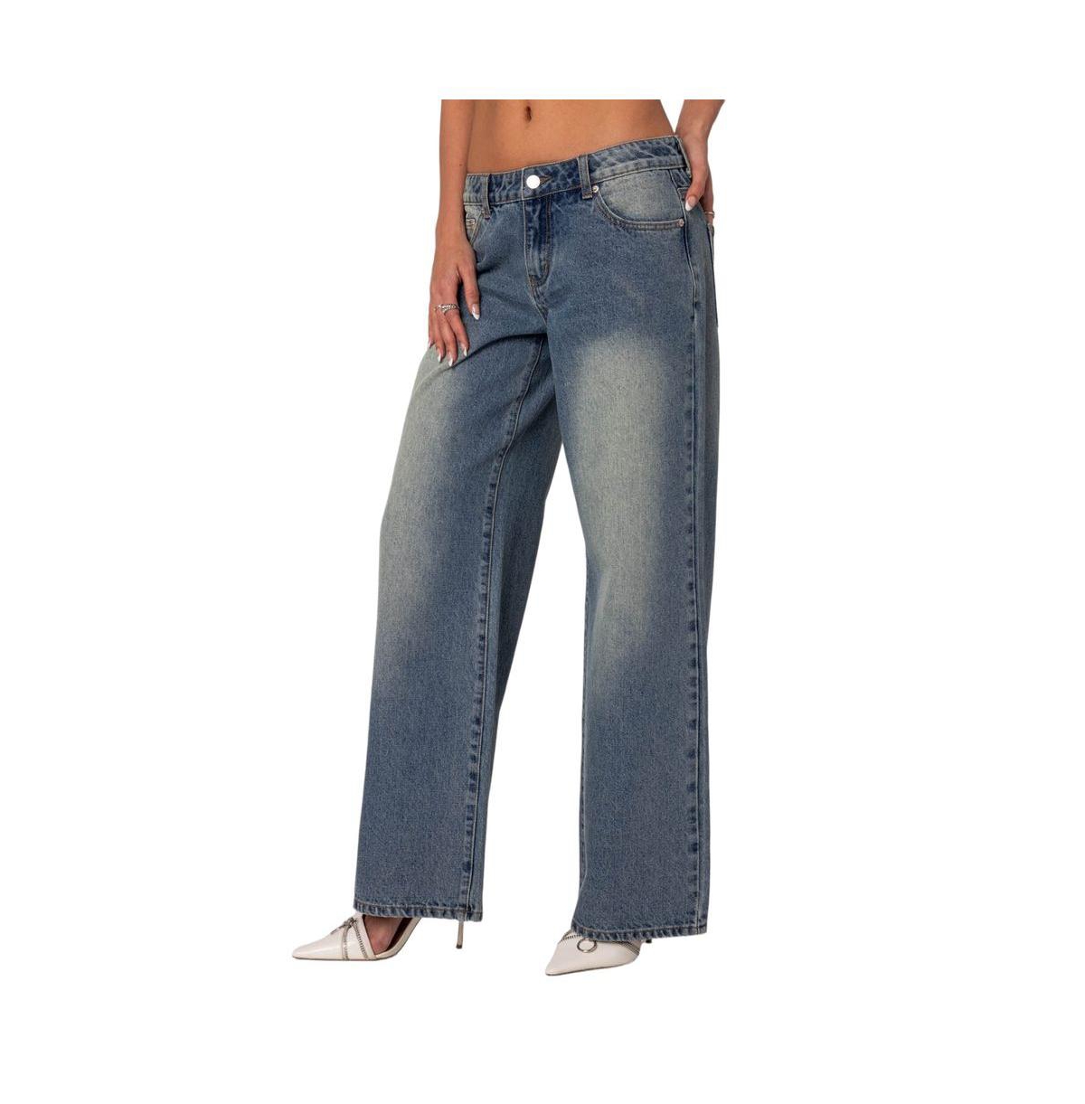 Edikted Women's Magda Low Rise Acid Wash Jeans - Blue-vintage-washed