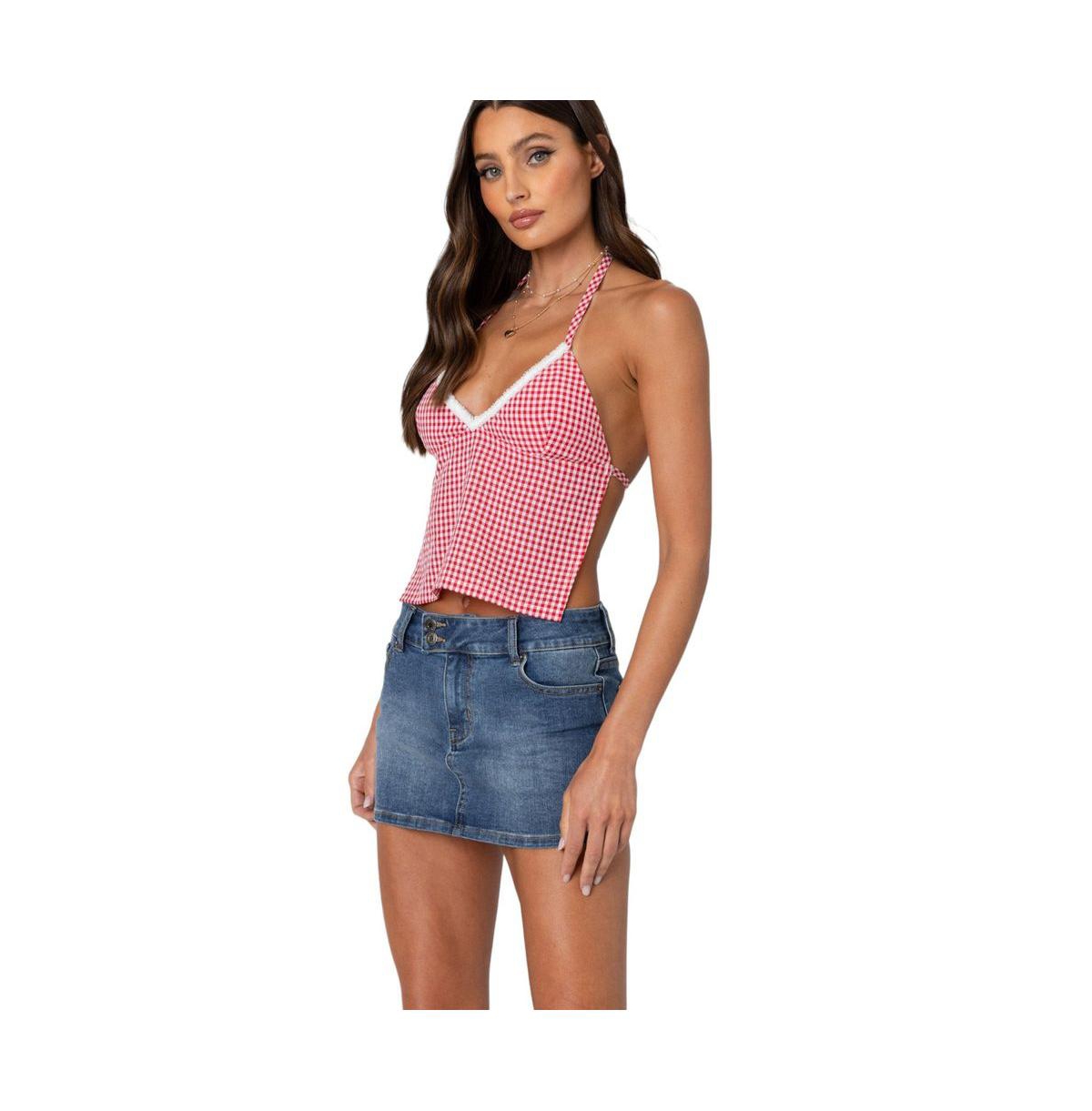 Edikted Women's Charmaine Open Back Gingham Top