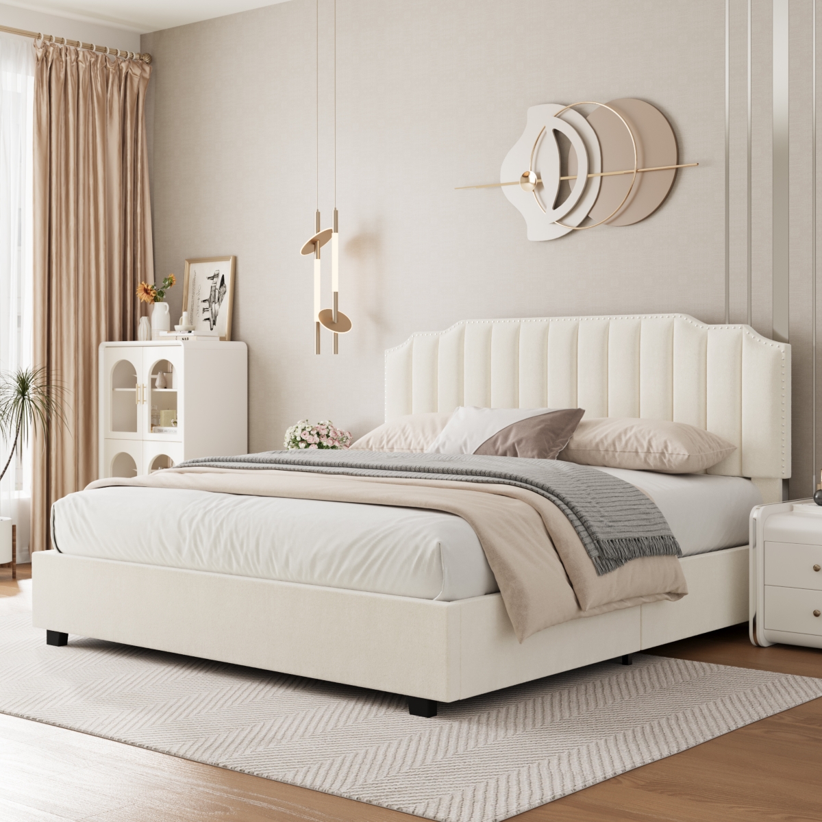 Streamdale Furniture Lift UpVelvet Size Bed - Beige