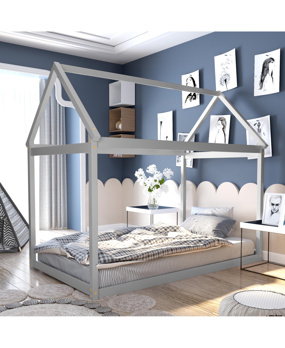 Costway Twin House Bed Wood Frame with Roof for Kids Toddler Box Spring