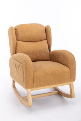 Streamdale Teddy Fabric Rocking Chair With Packet Wood Legs, Khaki