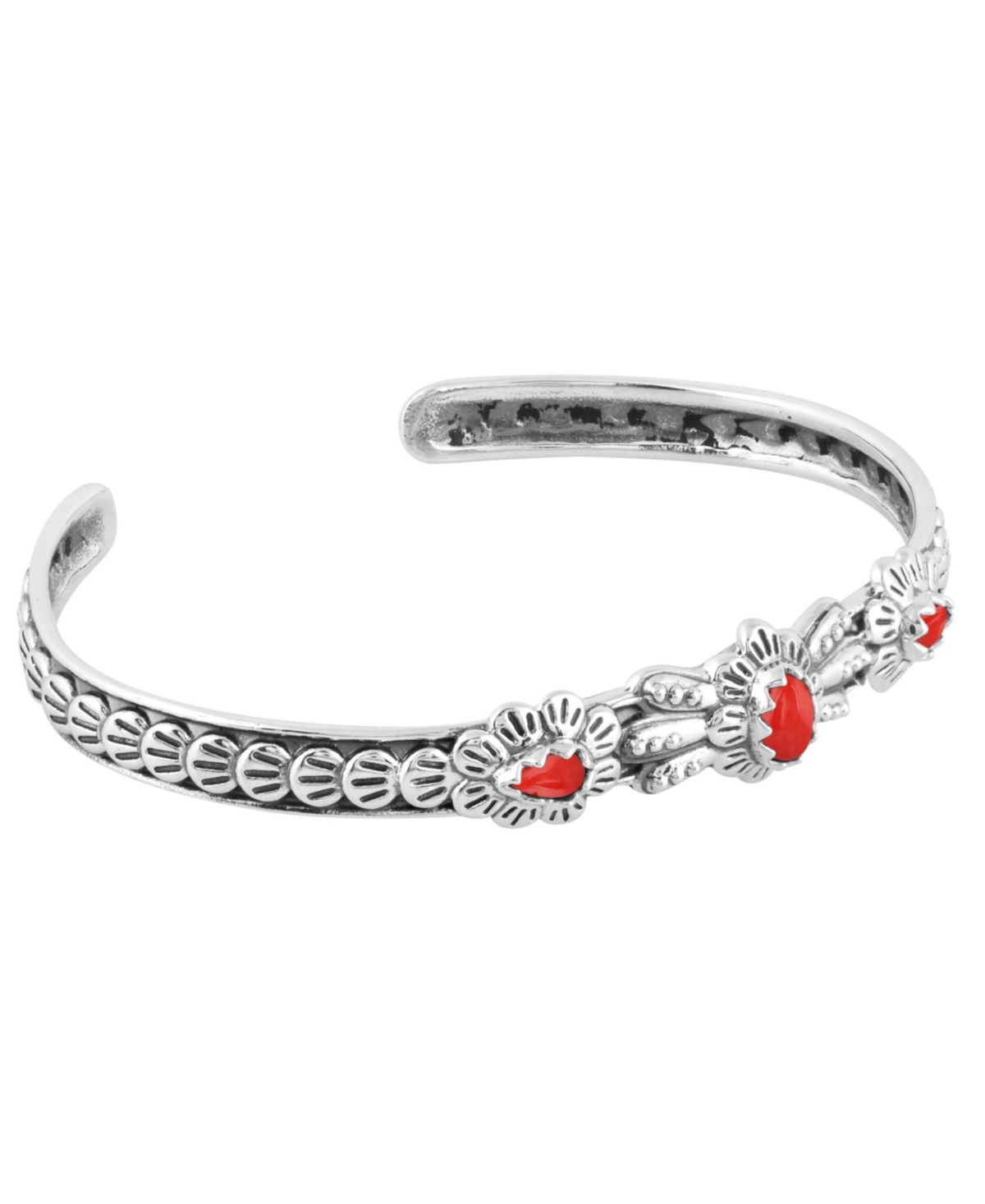 Sterling Silver Women's Cuff Bracelet Coral Gemstone Flower Concha Design Size Small - Large - Red coral