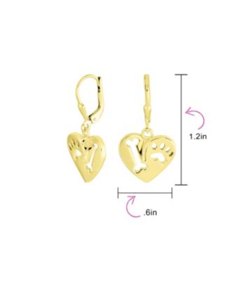 I Love My Dog Heart Shape Cut Out Puppy Pet Bone Animal Lover Paw Print Drop Dangle Lever back Earrings Gold Plated Sterling Silver