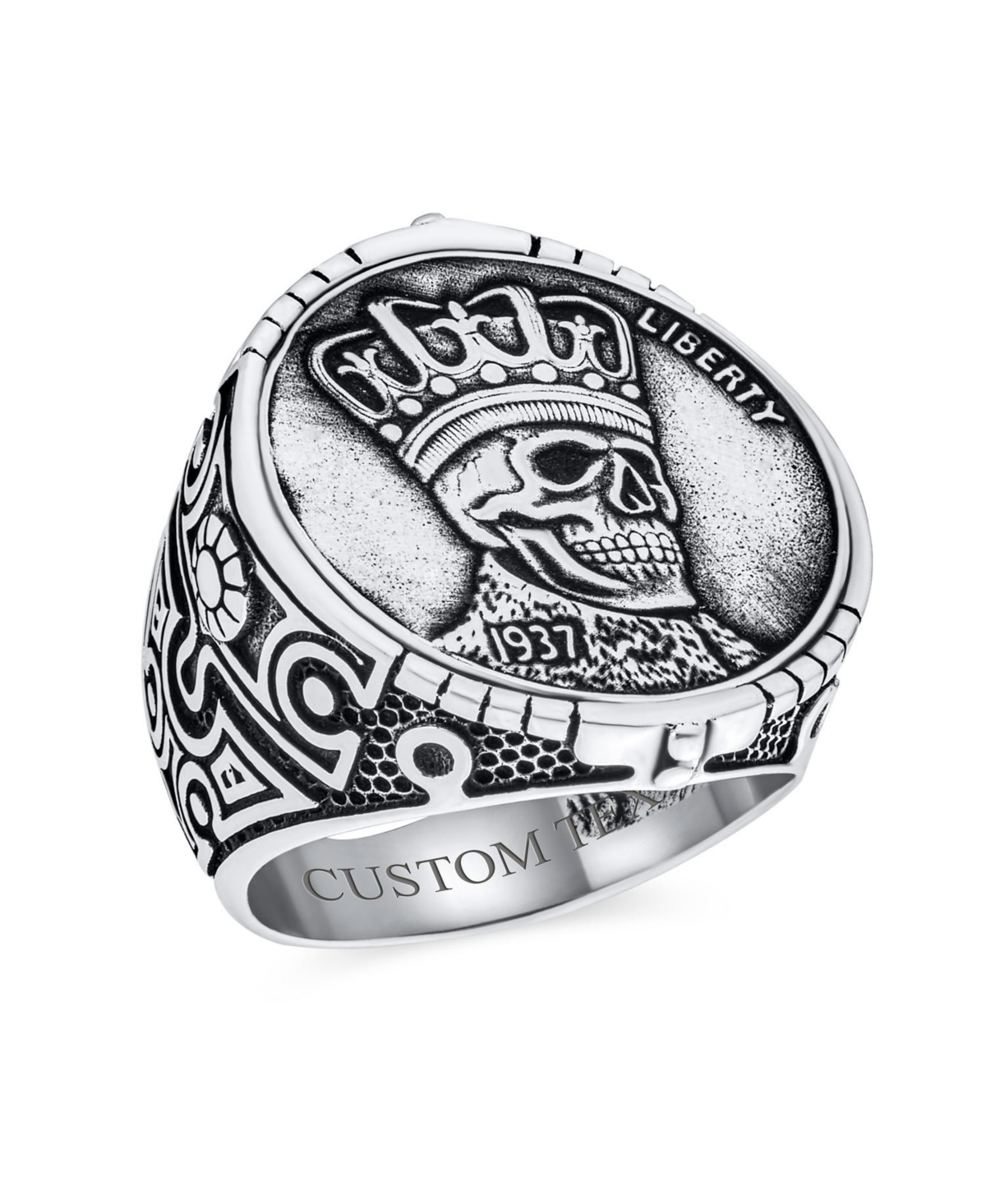 Bling Jewelry Statement Eagle Head Liberty 1937 Coin Novelty as Men's Biker Jewelry Gothic Crown Skull Ring Oxidized Sterling- Silver