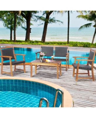 4 Pieces Outdoor Patio Rattan Furniture Conversation Sets with Acacia Wood Frame