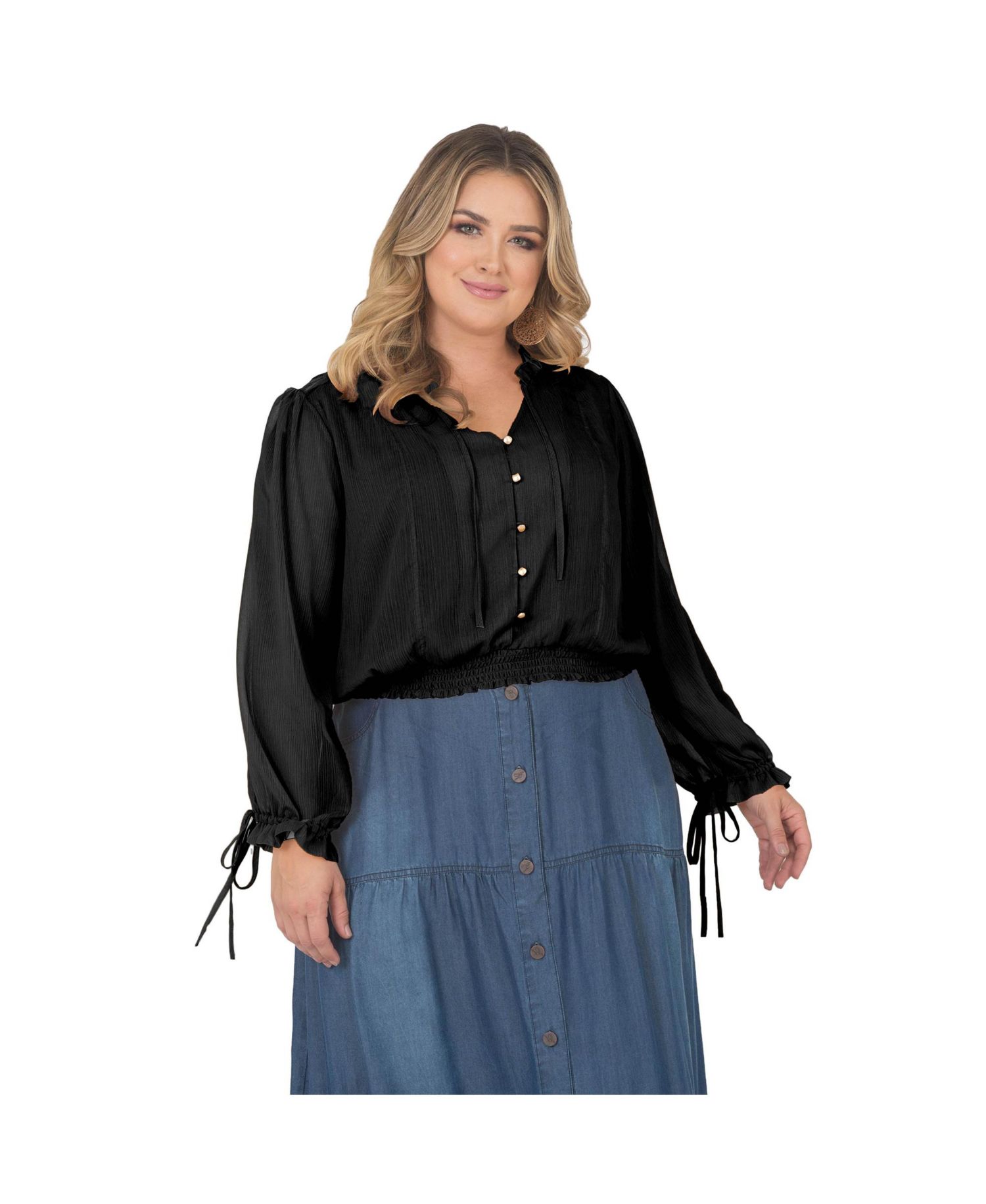 Plus Size Long Bishop Tie Sleeve Chiffon Blouse