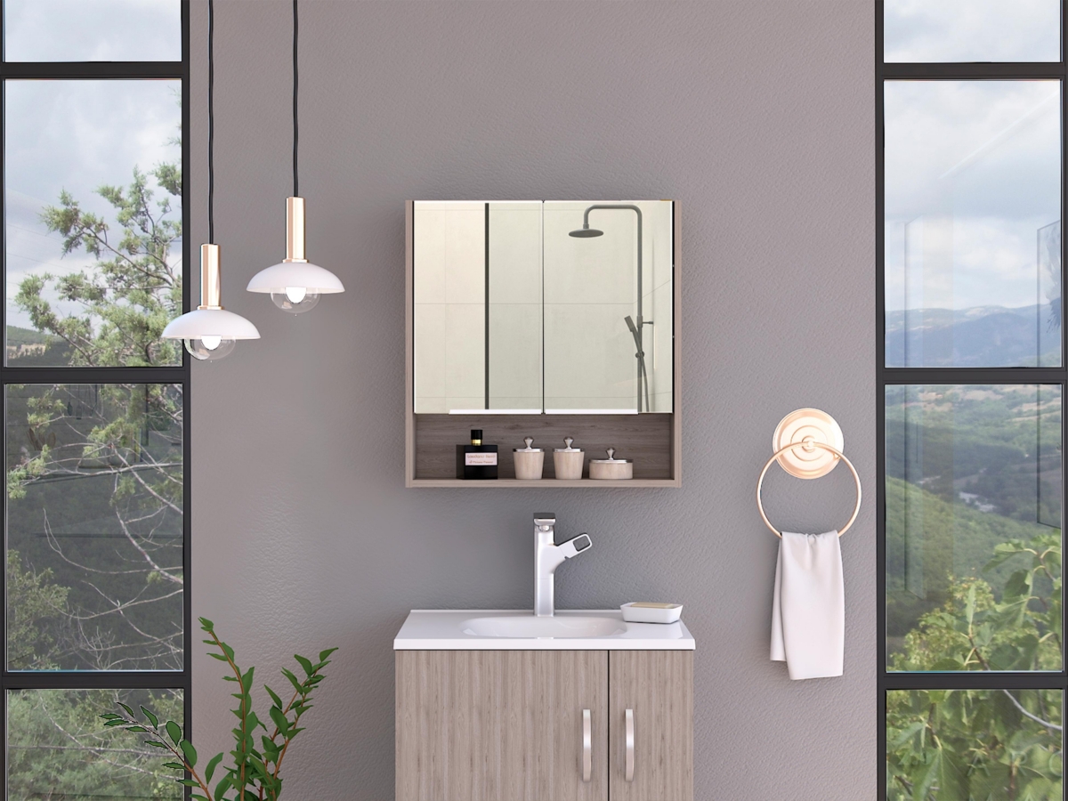 Streamdale Furniture Jaspe Mirror Cabinet, Three Internal Shelves, One Open Shelf, Double Door Cabinet - Light Gray