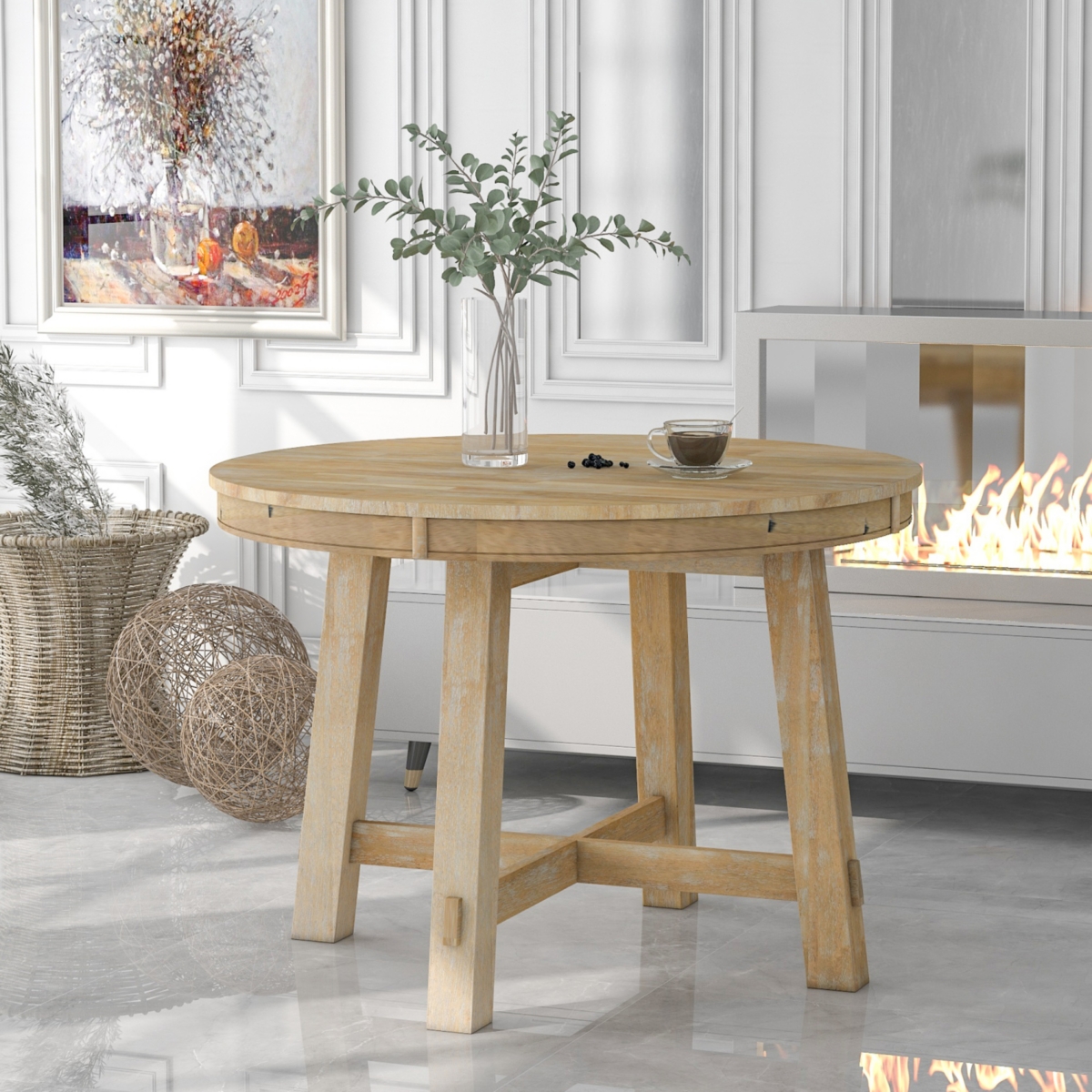 Streamdale Furniture Farmhouse Round Extendable Dining Table With 16 Leaf Wood Kitchen Table