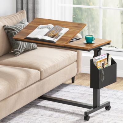 Height Adjustable C Shaped End Table with Wheels and Side Pocket, Mobile Sofa Snack Table with Tiltable Drawing Board for Couch Bed