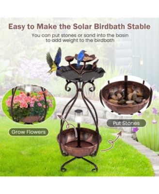 Solar Outdoor Bird Bath Feeder Combo with Flower Planter Pedestal and Solar Lights