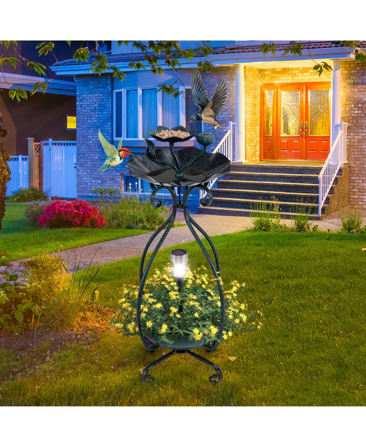 Slickblue Solar Outdoor Bird Bath Feeder Combo with Flower Planter Pedestal and Solar Lights