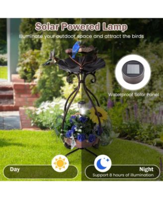 Solar Outdoor Bird Bath Feeder Combo with Flower Planter Pedestal and Solar Lights